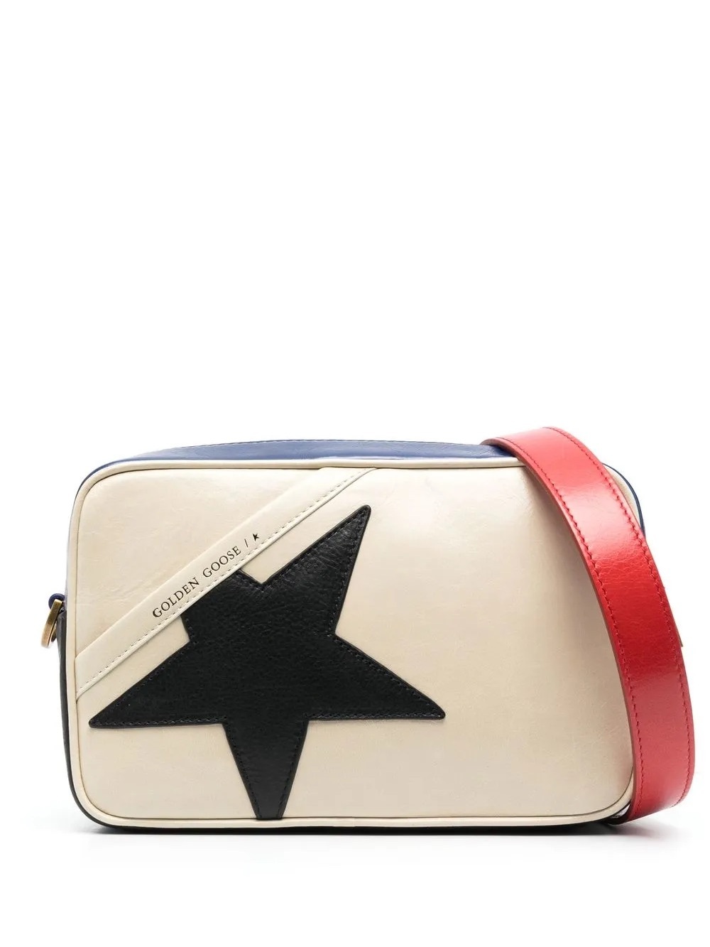 Golden Goose Cream Leather Crossbody with Black Star and Red Strap